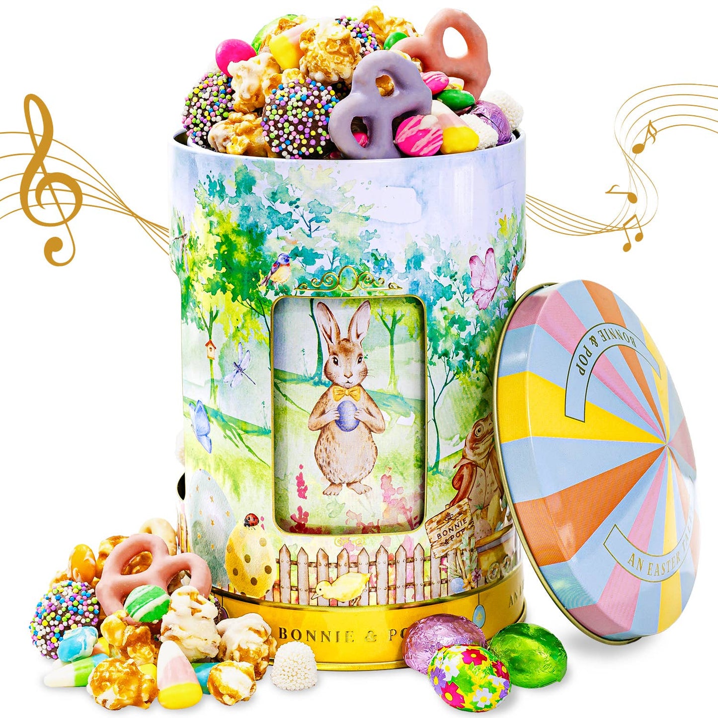 A Easter Musical Carousel Gift Tin with Spring Candy Assortment - Plays Easter Music, Chocolate Eggs, Yogurt Pretzels & Popcorn